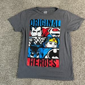 DC Comics Shirt Womens Small Gray Superman Wonder Woman Batman Super Hero Ladies